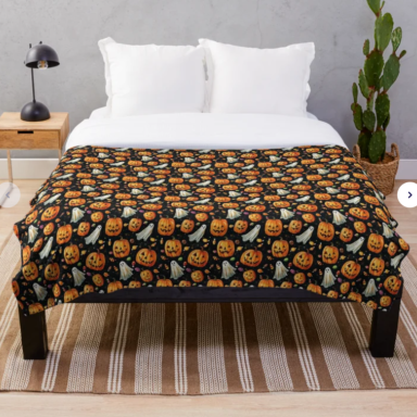 Jack-o-Lanterns and Ghosts with Halloween Candy Pattern Throw Blanket